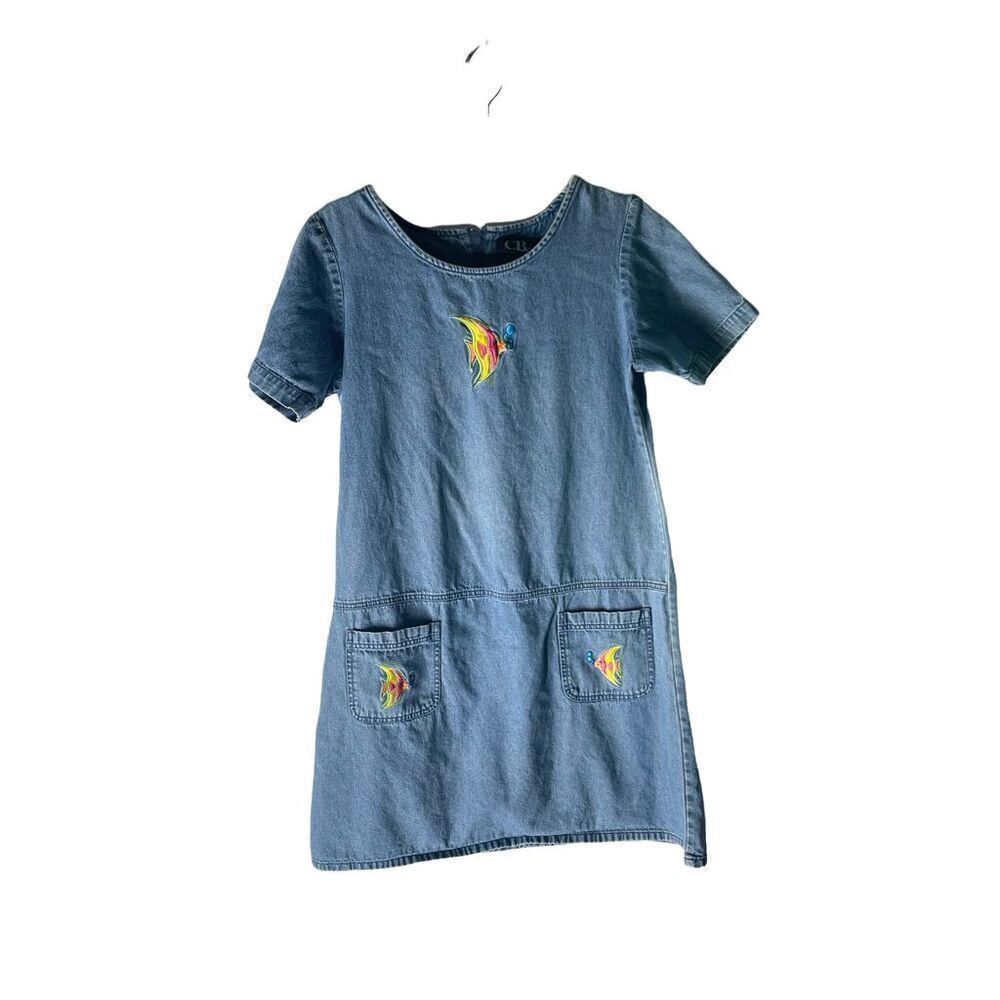 Vintage Embroidered Denim Short Sleeve Dress With Pockets Size Medium